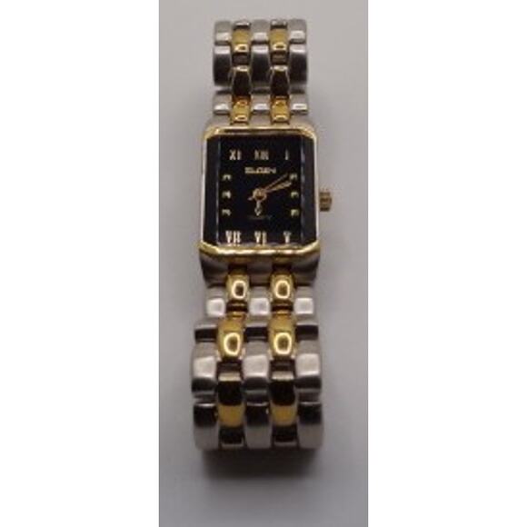 Vintage Elgin Two-Tone Watch with Black Rectangular Dial and Roman Numerals - Picture 2 of 6
